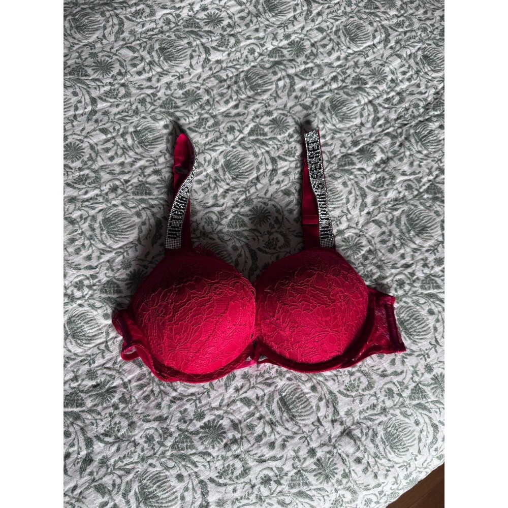 Victoria's Secret Bombshell Shine Strap Push-up Bra Red Spell-out Strap 36A